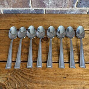 Set of 8 Pfaltzgraff Miranda Sand Stainless Steel Oval Soup Spoons 8 in Long